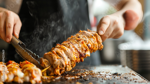 Chef preparing and making Traditional Turkish Doner Kebab meat. Shawarma or gyros. Turkish, greek or middle eastern arab style chicken doner kebab food on isolated white photo