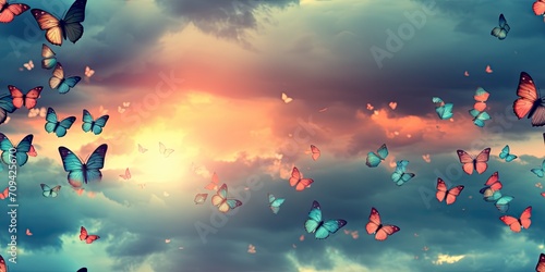 Sky Filled with Colorful Butterflies at Sunset