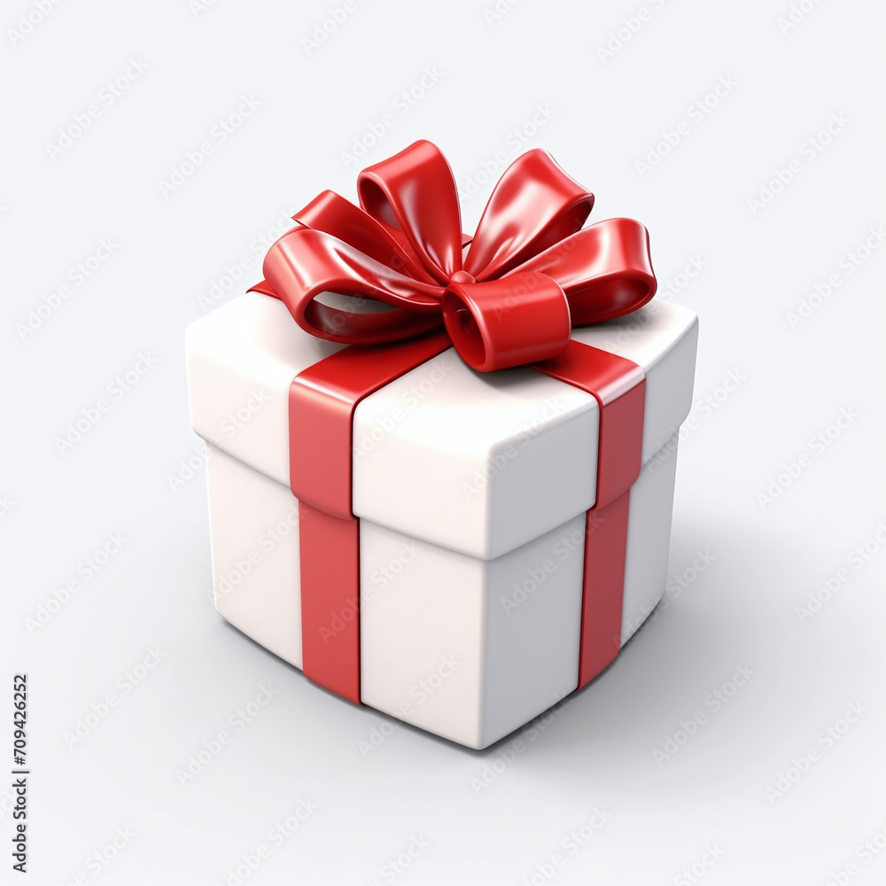 Obraz premium White 3d gift box decorated with red bow, isolated on white background. Happy Valentine's day..