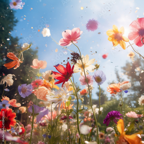 In a fairytale-like forest with flowers flying in the sky.Generative AI © IMHOJI