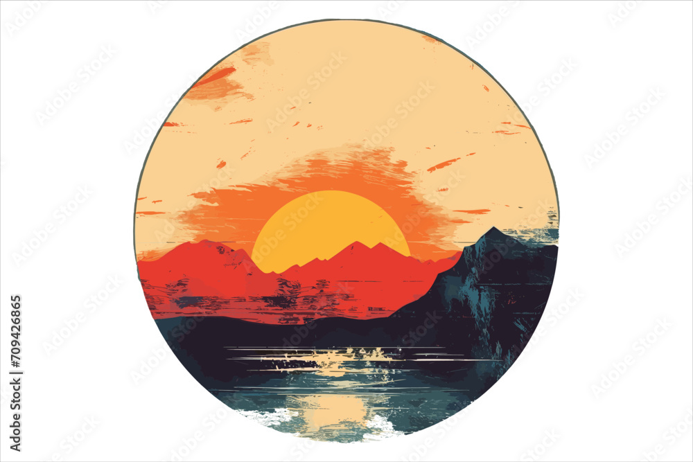 Fototapeta premium beautiful sunset beach sticker vector, Sunset beach vector illustration for t shirt ,