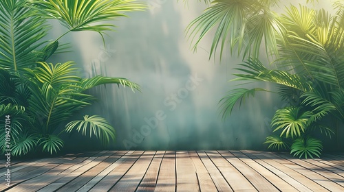 Wooden floor in the garden with palm leaves 3d rendering