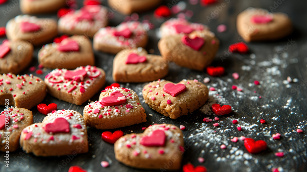 beautiful Valentine's Day card or banner for cafe, heart shaped cookies with sprinkles beautiful Valentine's Day card or banner for cafe, heart shaped cookies with sprinkles