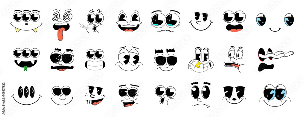 Retro cartoon faces in 30s style. Character faces made in the old school style, various cartoon facial expressions of the mascots. Retro emoji with a smile, laughter, whistling, sad, happy. Vector set - obrazy, fototapety, plakaty 