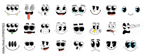 Retro cartoon faces in 30s style. Character faces made in the old school style, various cartoon facial expressions of the mascots. Retro emoji with a smile, laughter, whistling, sad, happy. Vector set photo