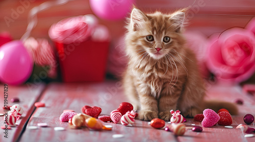 valentines day card cute cat with heart shaped candies on pink background
