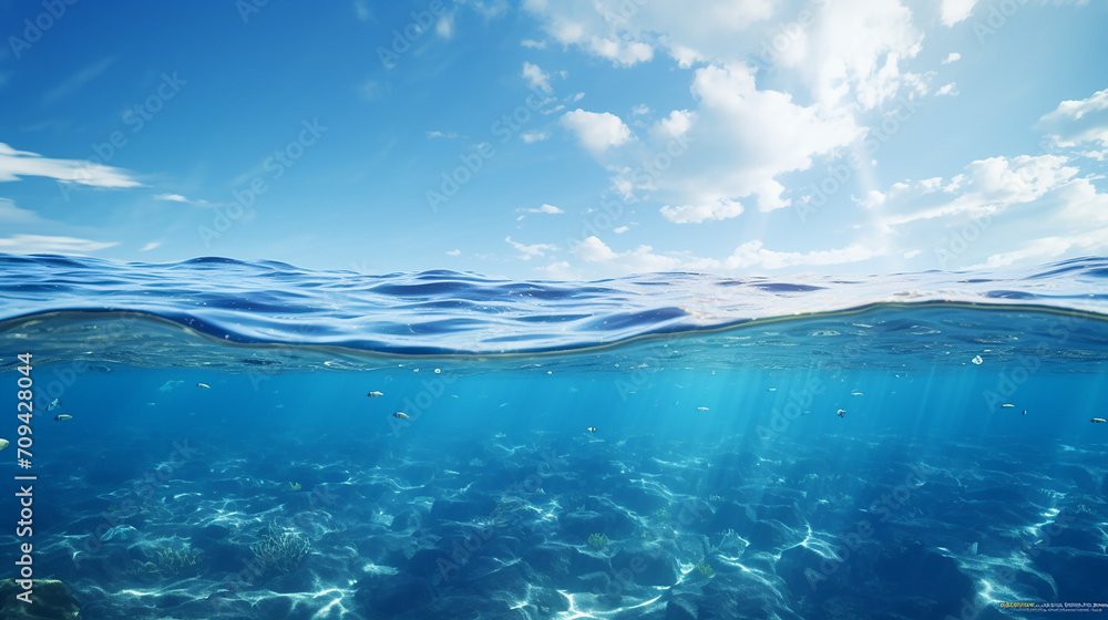 beautiful blue sea or ocean water surface and underwater