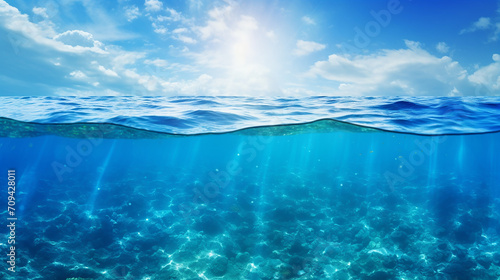 blue sea or ocean water surface and underwater
