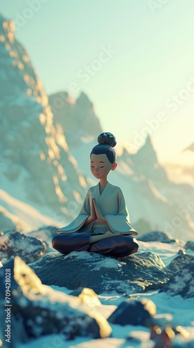 Cartoon digital avatar of Zen Yogi Floating gracefully in a serene mountain landscape, exuding a sense of inner peace.