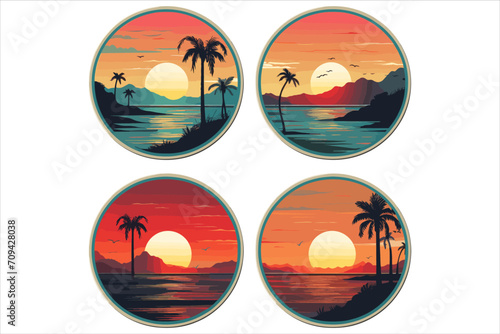 beautiful sunset beach sticker vector, Sunset beach vector illustration for t shirt ,