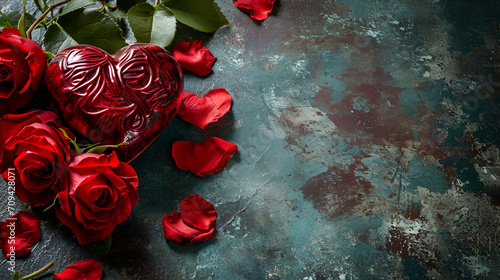 Valentine's day card or banner with red roses and rose petals with free space and place for text on a dark background