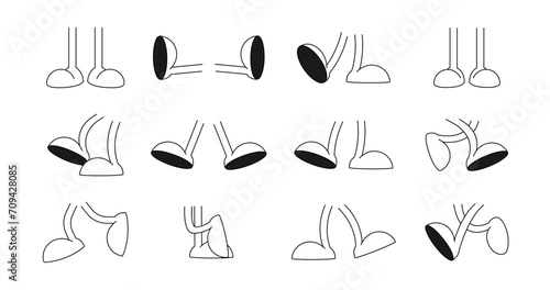 Retro cartoon legs. Comical, cartoon legs in different poses, easy to substitute for any character. Walking, jumping, straight stance and others. Comic cartoon legs set, Vector set step movements