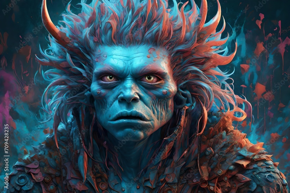 A fantasy illustration of a Monster wearing punk rock clothes, blue coloring A fantasy illustration of a Monster wearing punk rock clothes, blue coloring