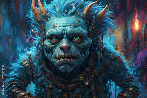 A fantasy illustration of a Monster wearing punk rock clothes, blue coloring 