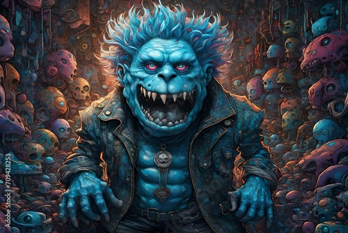 A fantasy illustration of a Monster wearing punk rock clothes  blue coloring 