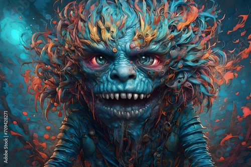 A fantasy illustration of a Monster wearing punk rock clothes, blue coloring 