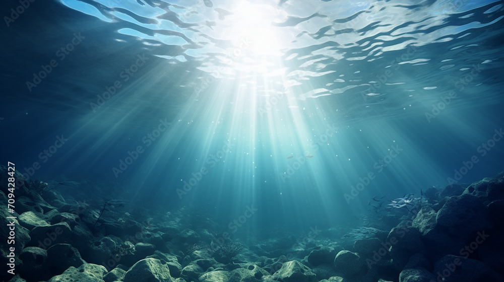 Obraz premium light rays in underwater scene. 3d rendered illustration