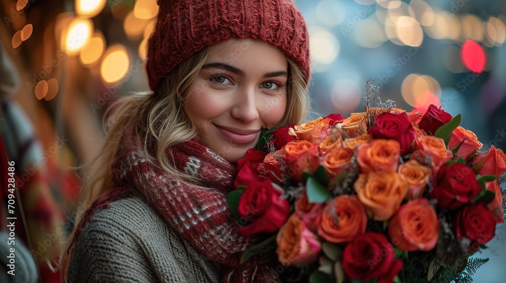 Happy Valentine's Day. smiling young woman holding a big luxury bouquet of red roses flowers. Happy Valentine's Day. smiling young woman holding a big luxury bouquet of red roses flowers.