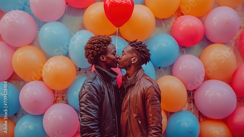 Two dark-skinned men in love kiss against a background of colorful balloons.