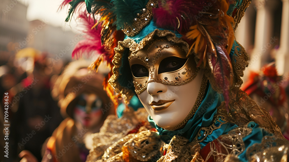man in carnival costume and mask at the Venetian carnival close-up with space for text man in carnival costume and mask at the Venetian carnival close-up with space for text