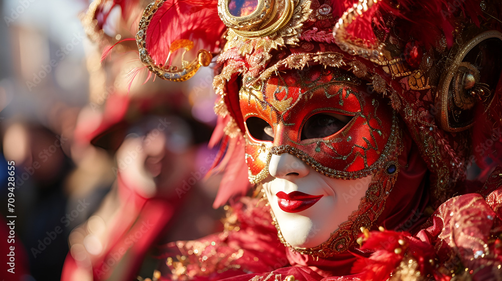 man in carnival costume and mask at the Venetian carnival close-up with space for text, banner for the Venice carnival with place for text