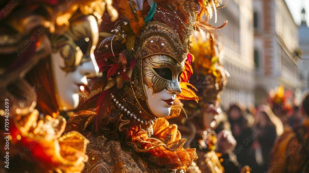 people in carnival costumes and masks at the Venetian carnival close-up with space for text