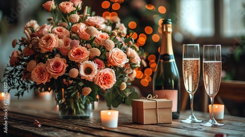 Champagne and beautiful rose bouquet. Romantic date, candle light dinner setting