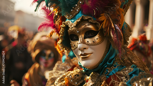 man in carnival costume and mask at the Venetian carnival close-up with space for text © katerinka