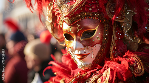 man in carnival costume and mask at the Venetian carnival close-up with space for text, banner for the Venice carnival with place for text photo