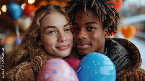 Happy young couple with heart-shaped balloons on color background. Valentine's Day celebration