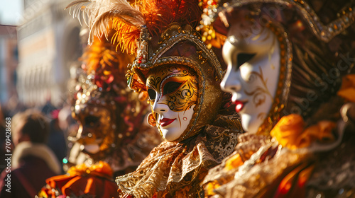 people in carnival costumes and masks at the Venetian carnival close-up with space for text © katerinka