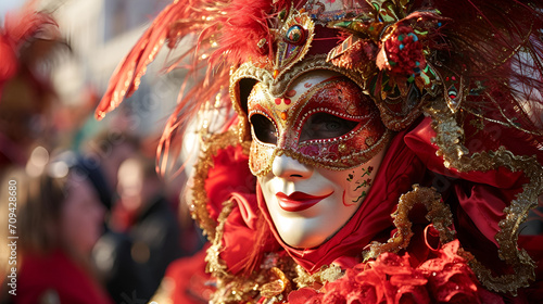 man in carnival costume and mask at the Venetian carnival close-up with space for text, banner for the Venice carnival with place for text © katerinka