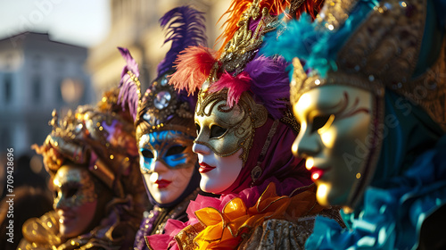 people in carnival costumes and masks at the Venetian carnival close-up with space for text, banner for the Venice carnival with place for text
