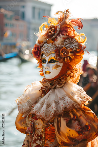 man in a carnival costume and mask at the Venetian carnival against the background of a river and gandolas, close-up with space for text