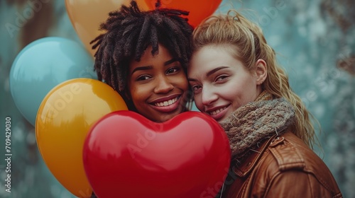 Young lesbian couple with heart-shaped balloons on blue background. Valentine's Day celebration
