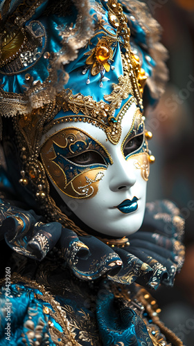 Venetian carnival banner, a man in a carnival costume and mask close-up against the background of the Venetian carnival