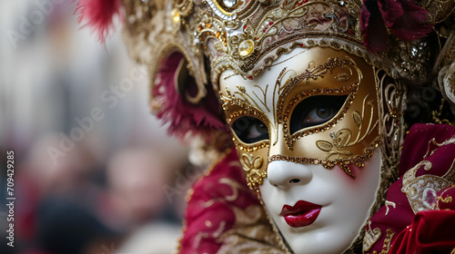 Venetian carnival banner, a man in a carnival costume and mask close-up against the background of the Venetian carnival