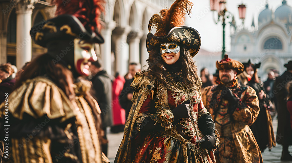 people in carnival costumes and masks in St. Mark's Square at the Venice Carnival