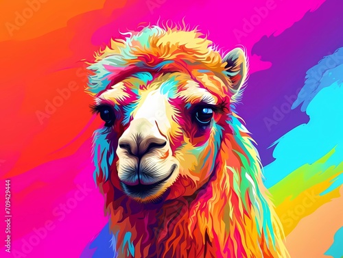 camel illustration in abstract, rainbow ultra-bright neon artistic portrait graphic highlighter lines on minimalist background. generative ai