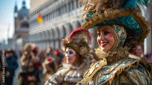 people in carnival costumes and masks in St. Mark's Square at the Venice Carnival © katerinka