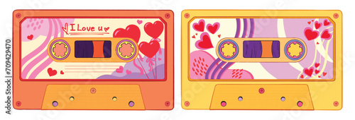Retro cassette tape design with romantic decorations and hearts. love song and mixtape concept. 90s nostalgia