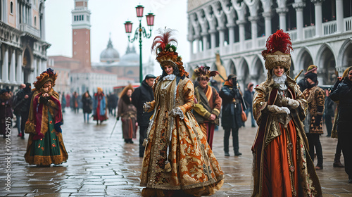 people in carnival costumes and masks in St. Mark's Square at the Venice Carnival © katerinka