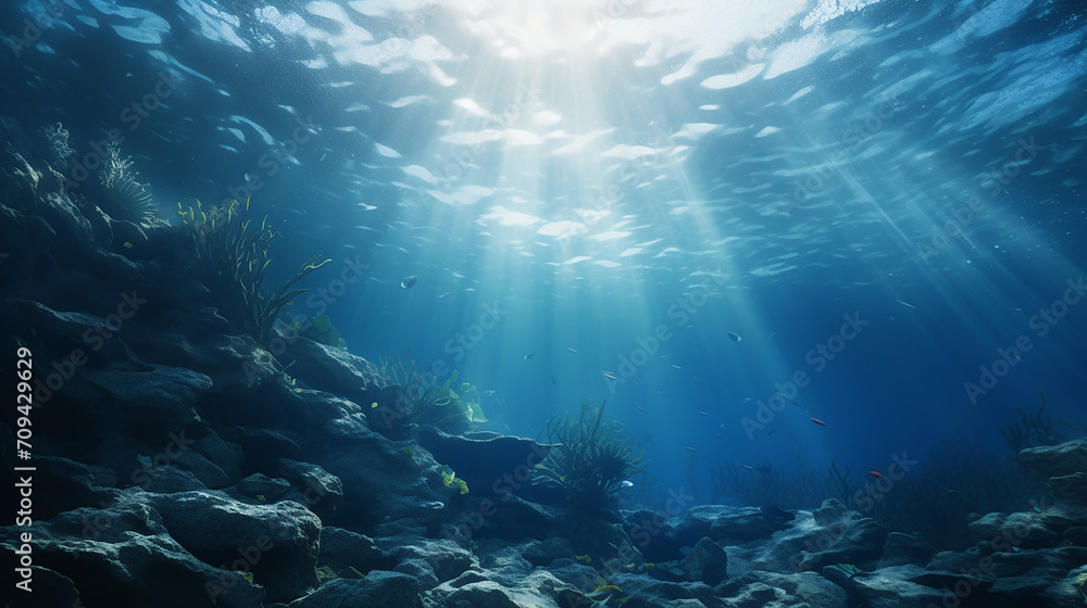 sea or ocean underwater deep nature background with sunlight - obrazy, fototapety, plakaty 