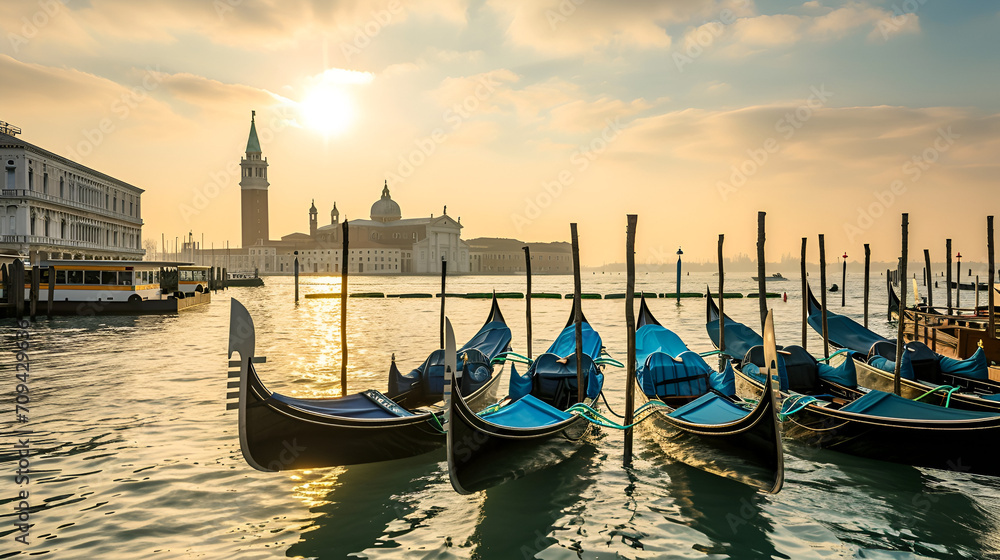 gondolas at grand canal city with sunset view