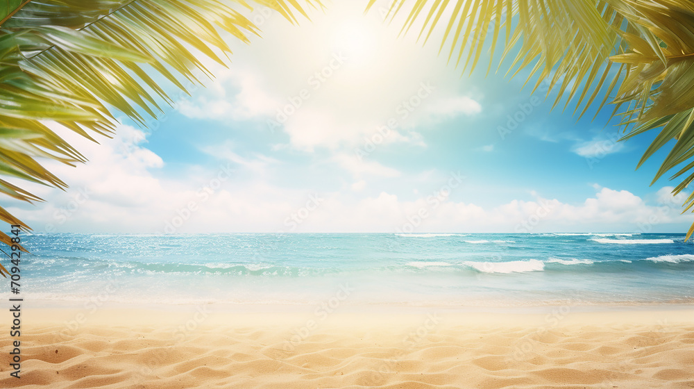summer background with frame nature of tropical golden sand beach close-up, sea water, blue sky.