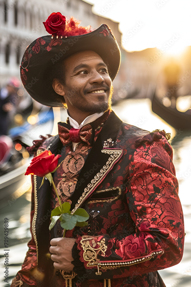a man in a red and black carnival costume at the Venetian carnival with a red rose in his hand against the background of a river and gondolas