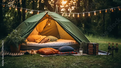 緑のテントとかわいいギアとガーランドを使ったキャンプサイト、夕暮れ
