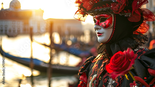a man in a red and black carnival costume and mask at the Venetian carnival with a red rose in his hand against the background of a river and gondolas © katerinka