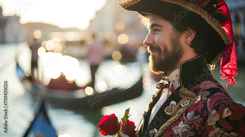 a man in a red and black carnival costume at the Venetian carnival with a red rose in his hand against the background of a river and gondolas
