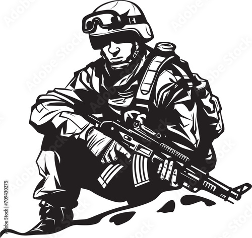Strategic Strike Black Logo Design for Tactical Warriors Vector Valor Stealth Combat Soldier Glyph in Black